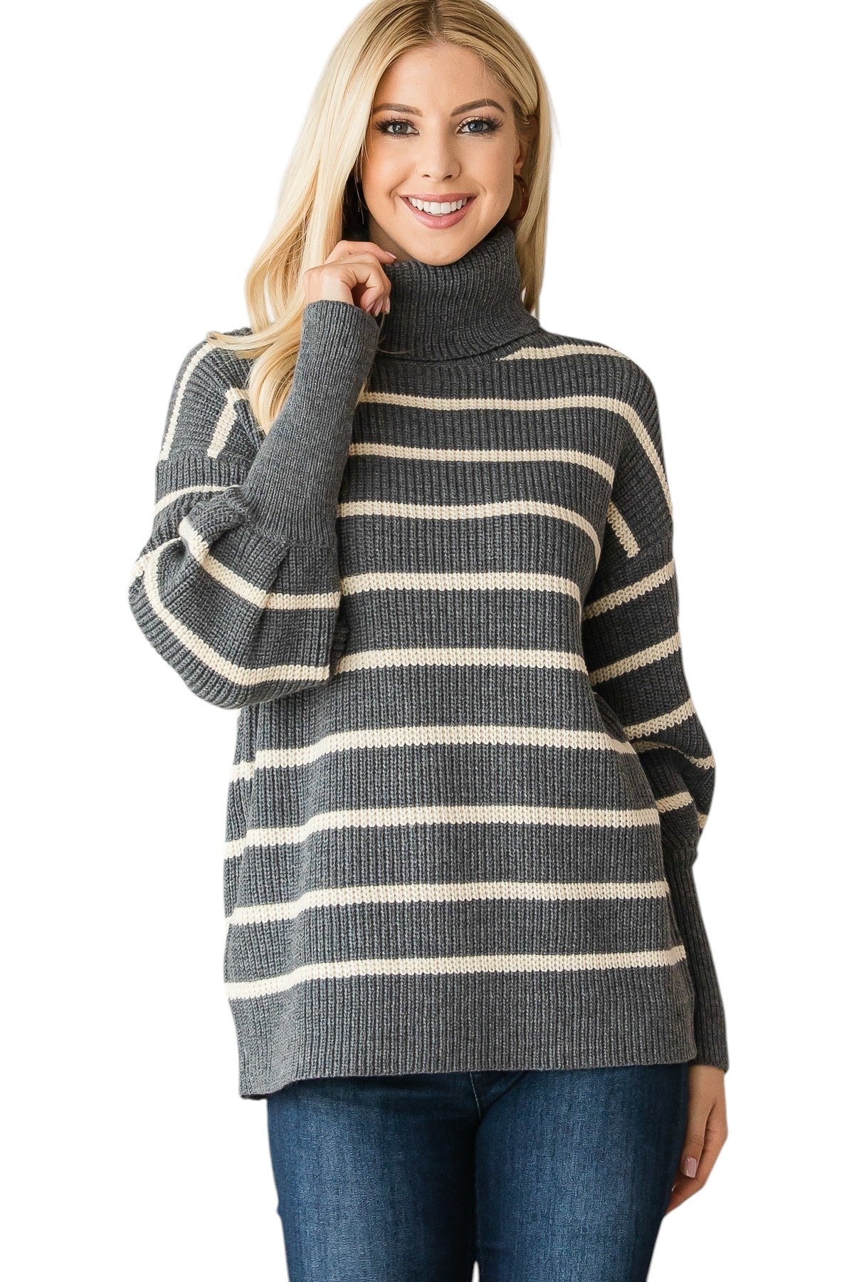 Heavy Knit Striped Turtle Neck Knit Sweater