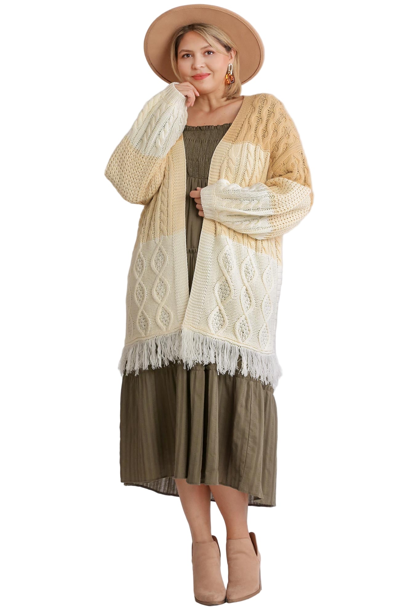 Patchwork Knitted Open Front Cardigan Sweater With Frayed Hem