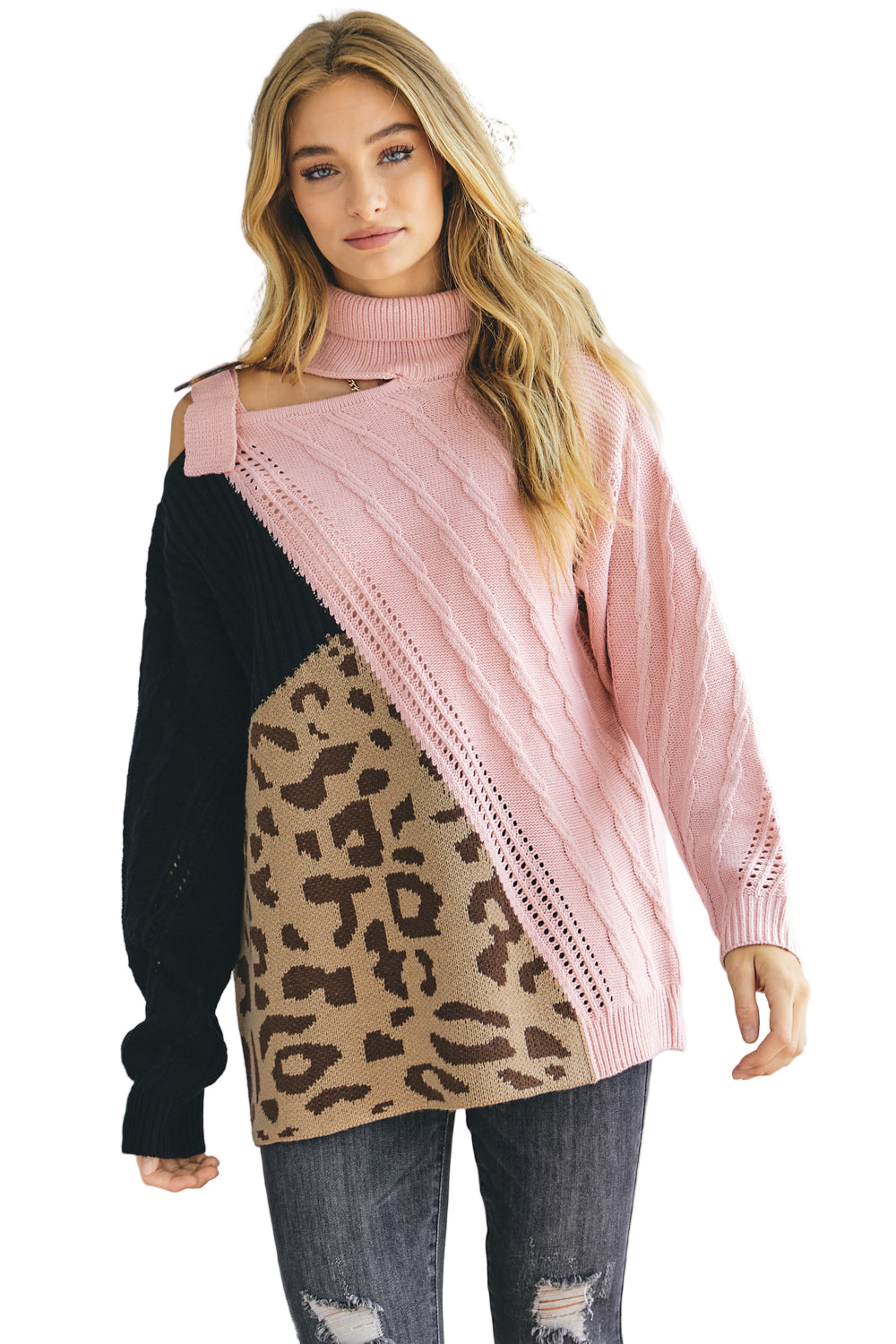 Turtle Neck Color Block Cutout Sweater