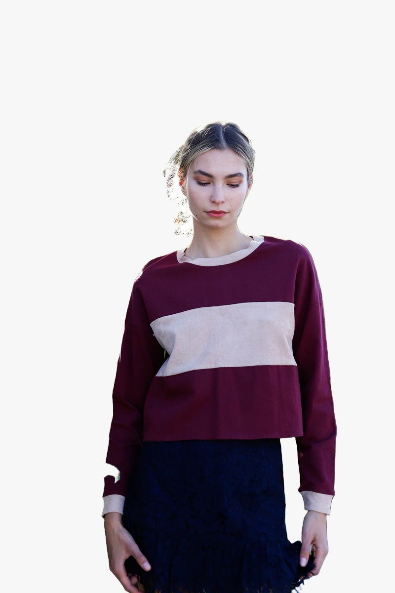 Burgundy Colorblock Long Sleeve Crop Top