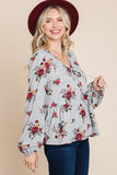 Floral Hacci Printed Babydoll Top With Elastic Cuff Sleeves