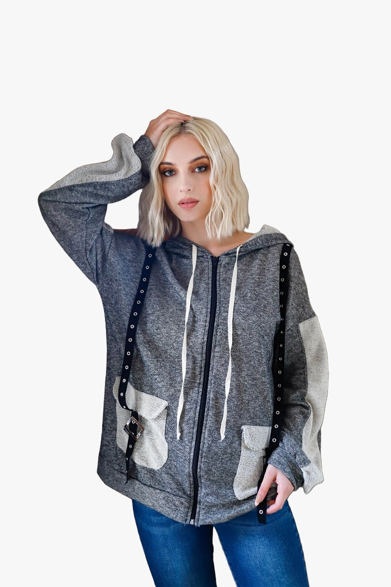 Belt & Reversed Details Zip-up Hooded Sweater