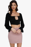 Black Satin Effect Cut-out Bustier Detail Balloon Long Sleeve Crop Top