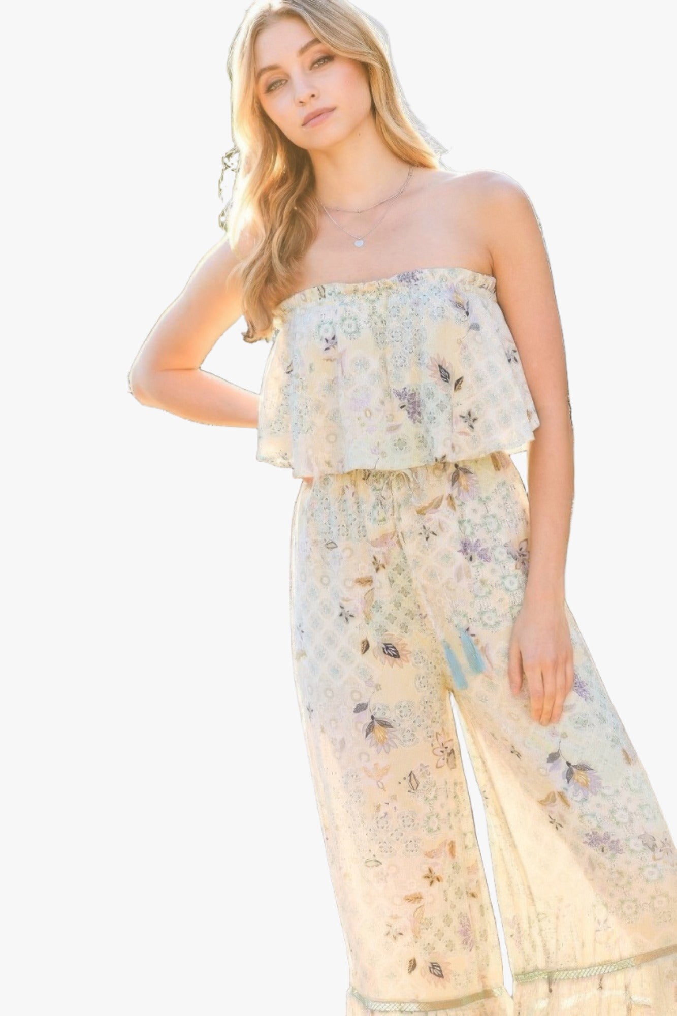 Tube Top With Tier Ruffle Waist Elastic Bottom Lace Trim Jumpsuit