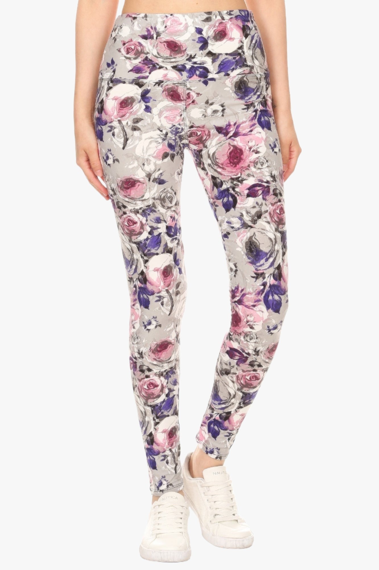 5-inch Long Yoga Style Banded Lined Floral Printed Knit Legging With High Waist