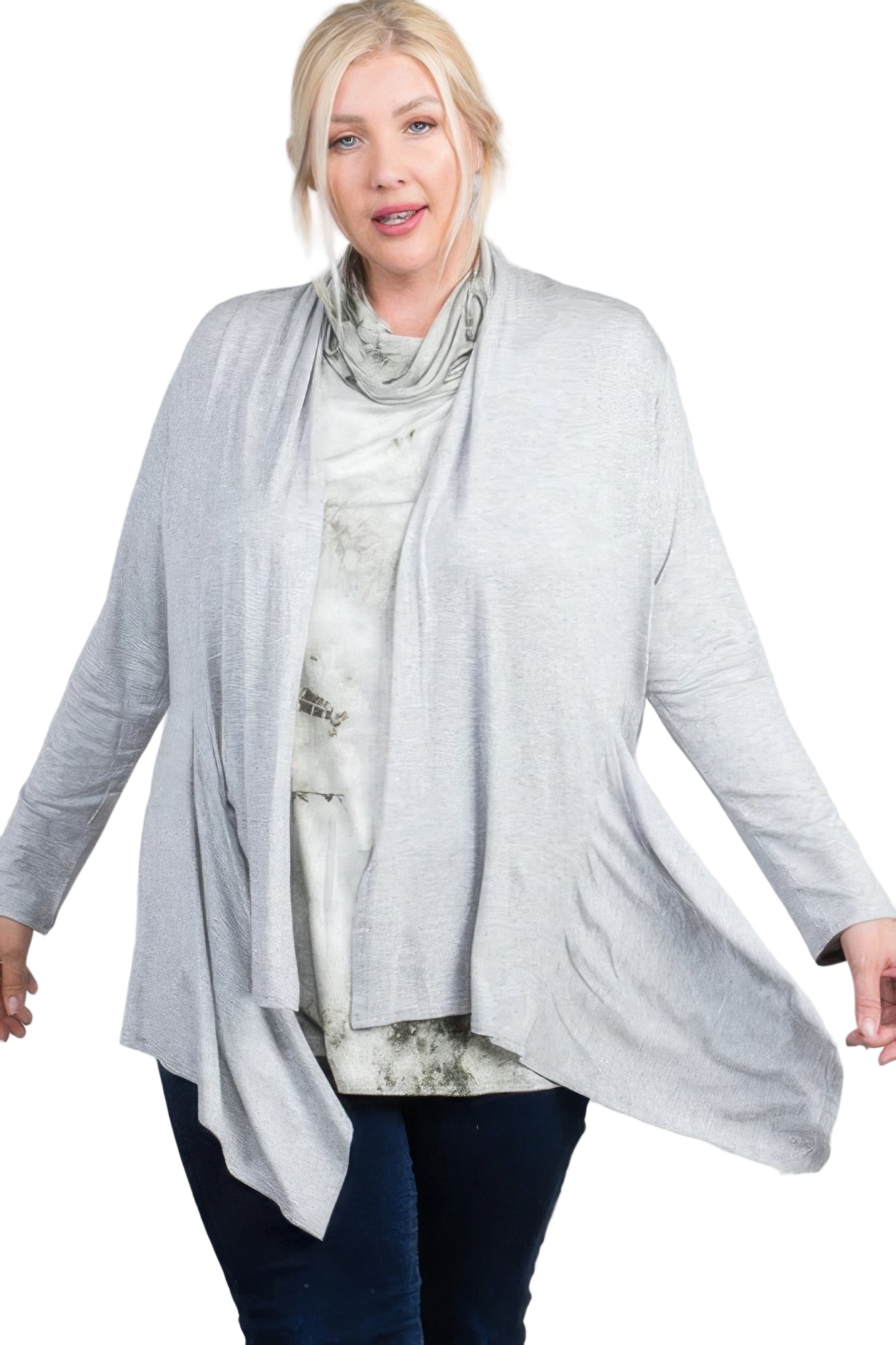 Waist Seam Shark Bite Long Sleeve Open Solid Cardigan