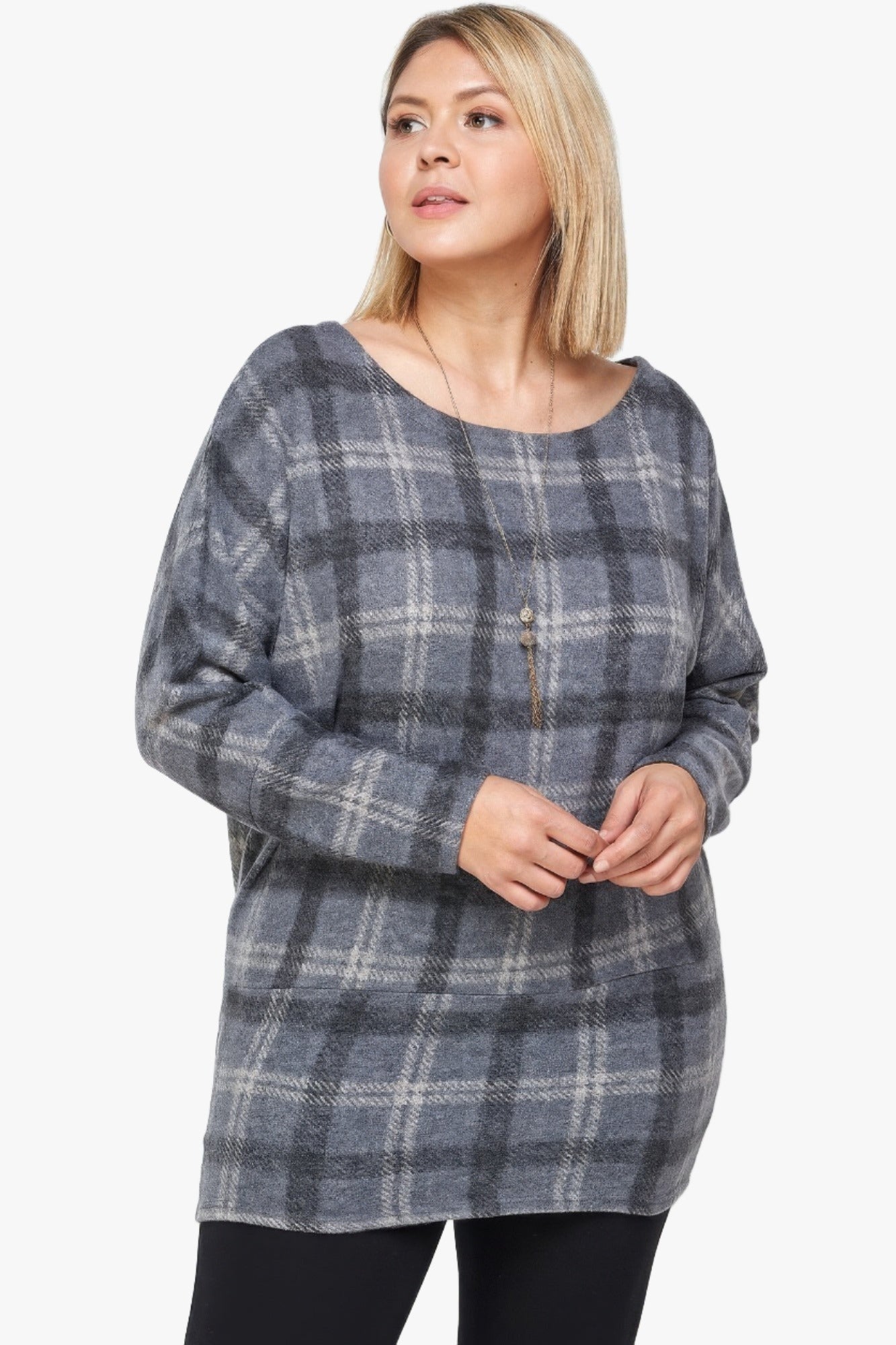 Boat Neck, Plaid Print Tunic Top, With Long Dolman Sleeves