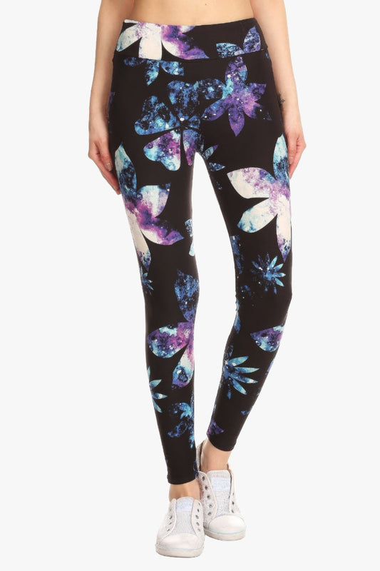 Yoga Style Banded Lined Galaxy Silhouette Floral Print, Full Length Leggings In A Slim Fitting Style With A Banded High Waist