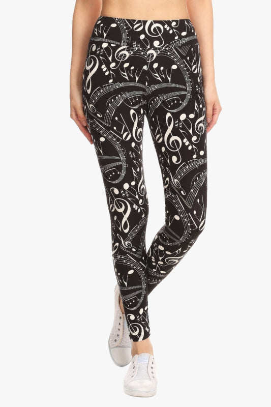 Yoga Style Banded Lined Music Note Print, Full Length Leggings In A Slim Fitting Style With A Banded High Waist