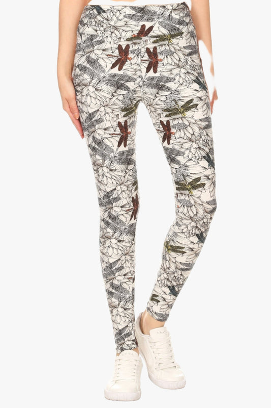 Yoga Style Banded Lined Dragonfly Print, Full Length Leggings In A Slim Fitting Style With A Banded High Waist