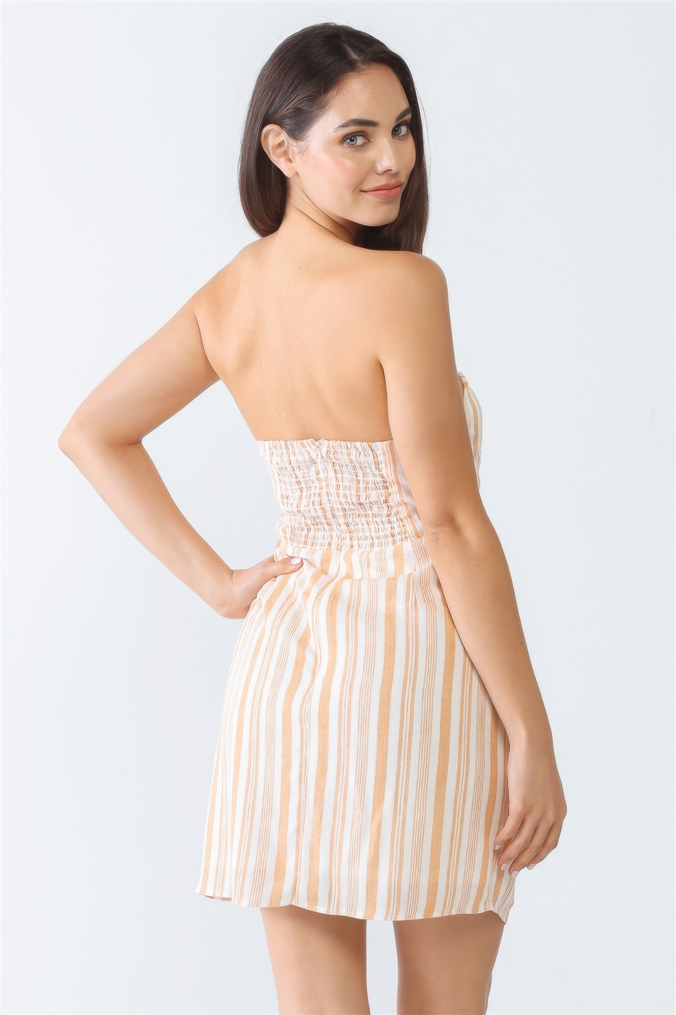 White & Apricot Stripe Print Strapless Twist Cut-out Smocked Back Mini Dress