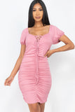 Front Lace Up Ruched Mini Dress