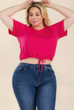 Plus Size Tie Front Drawstring Short Sleeve Crop Top