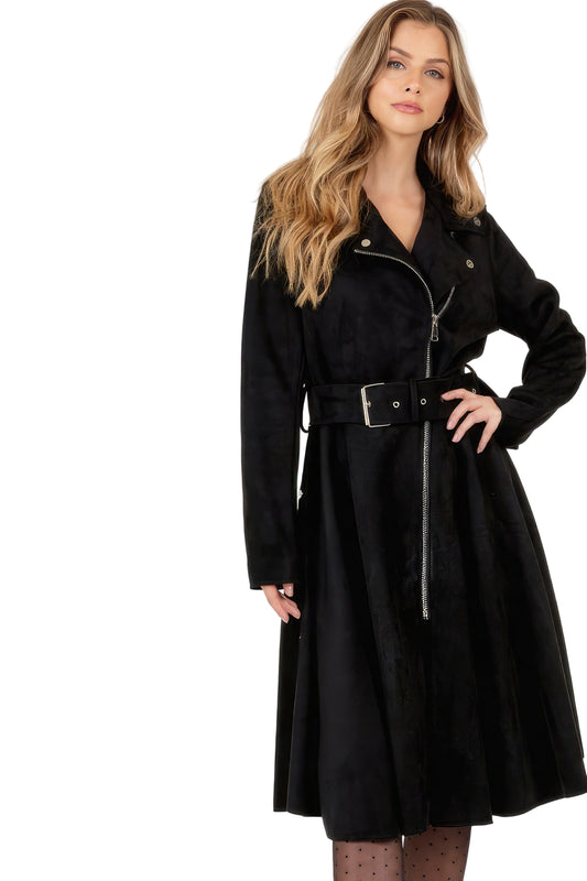 Waist Belt Tacked Faux Suede Coat Solid Coat