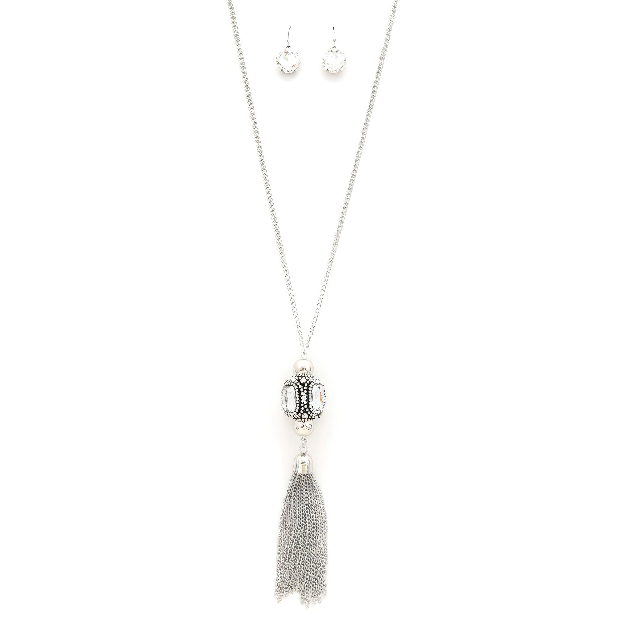 Cube Rhinestone Chain Tassel Necklace