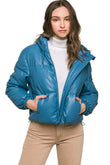 Pu Faux Leather Zipper Hooded Puffer Jacket
