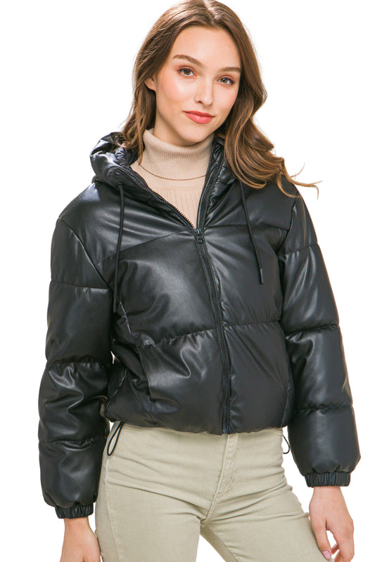 Pu Faux Leather Zipper Hooded Puffer Jacket