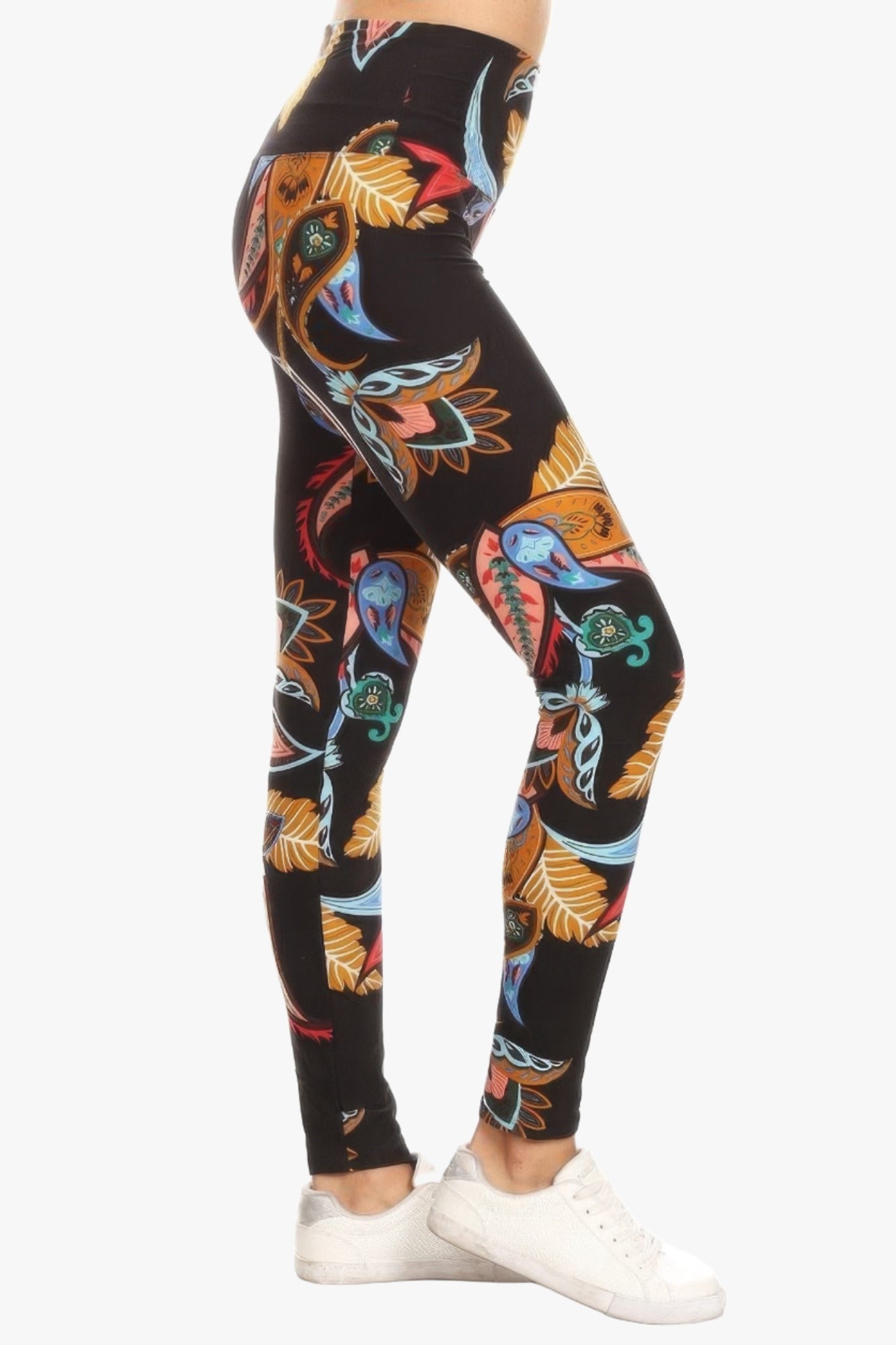 5-inch Long Yoga Style Banded Lined Paisley Floral Printed Knit Legging With High Waist