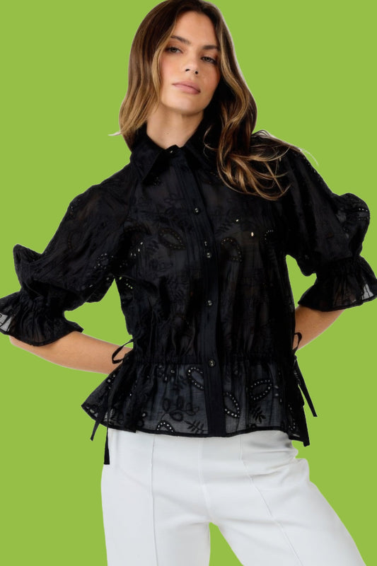 Button-down Collar Neck Embroidered Top