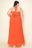 Chiffon Pleated Gold Trim Neck & Belt Cut Out Chest Maxi Dress