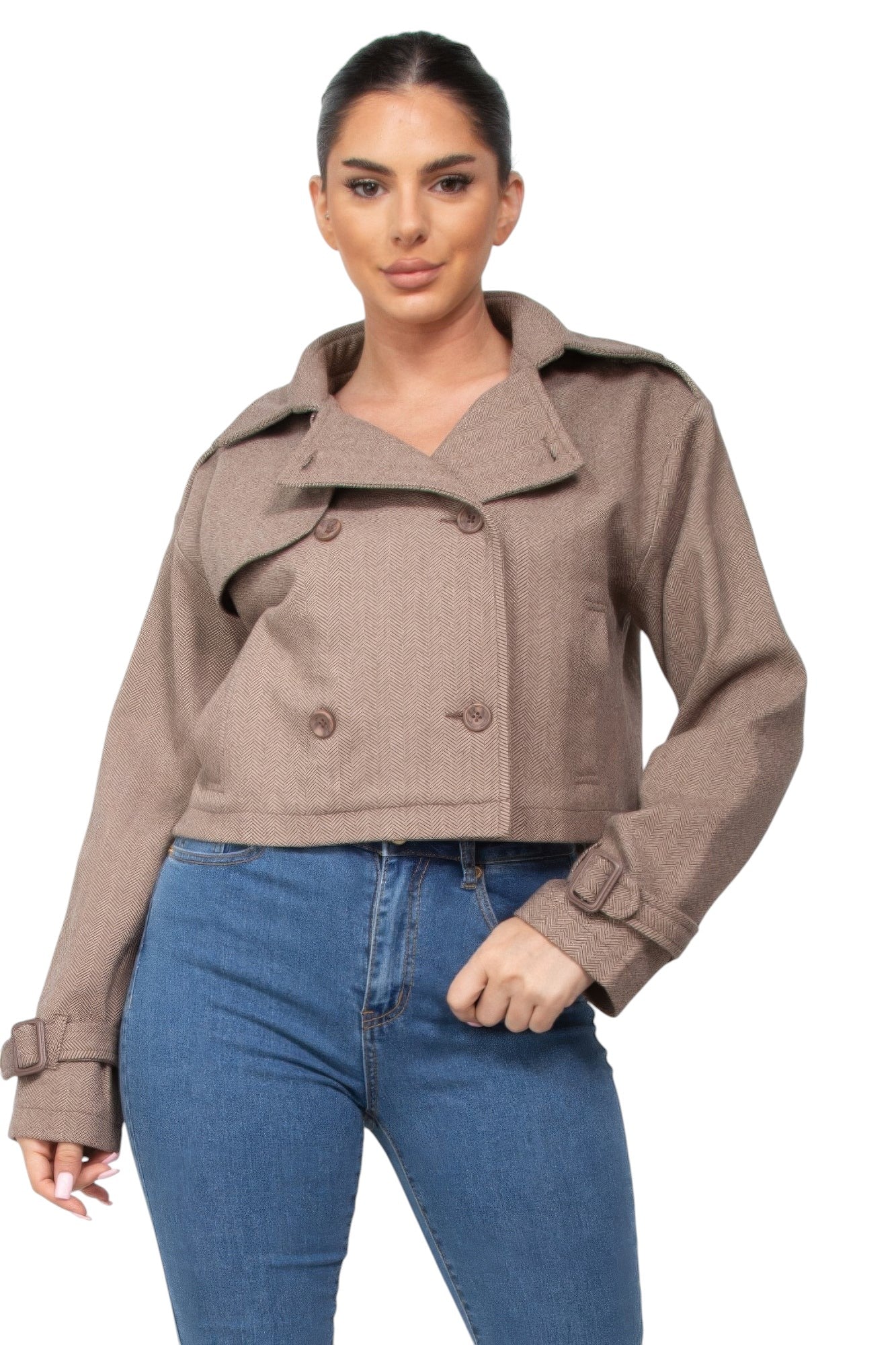 Notch Buckled Sleeve Crop Trench Coat