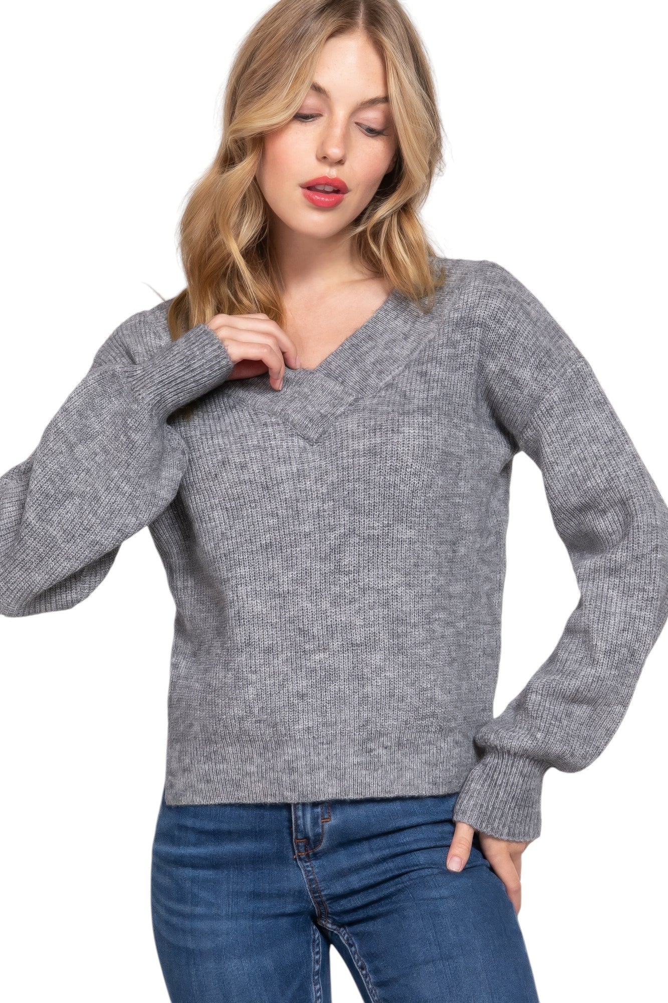 Long Slv Double V-neck Sweater