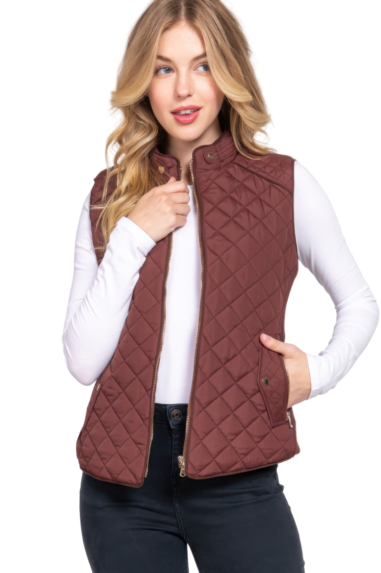 Suede Piping Quilted Padding Vest