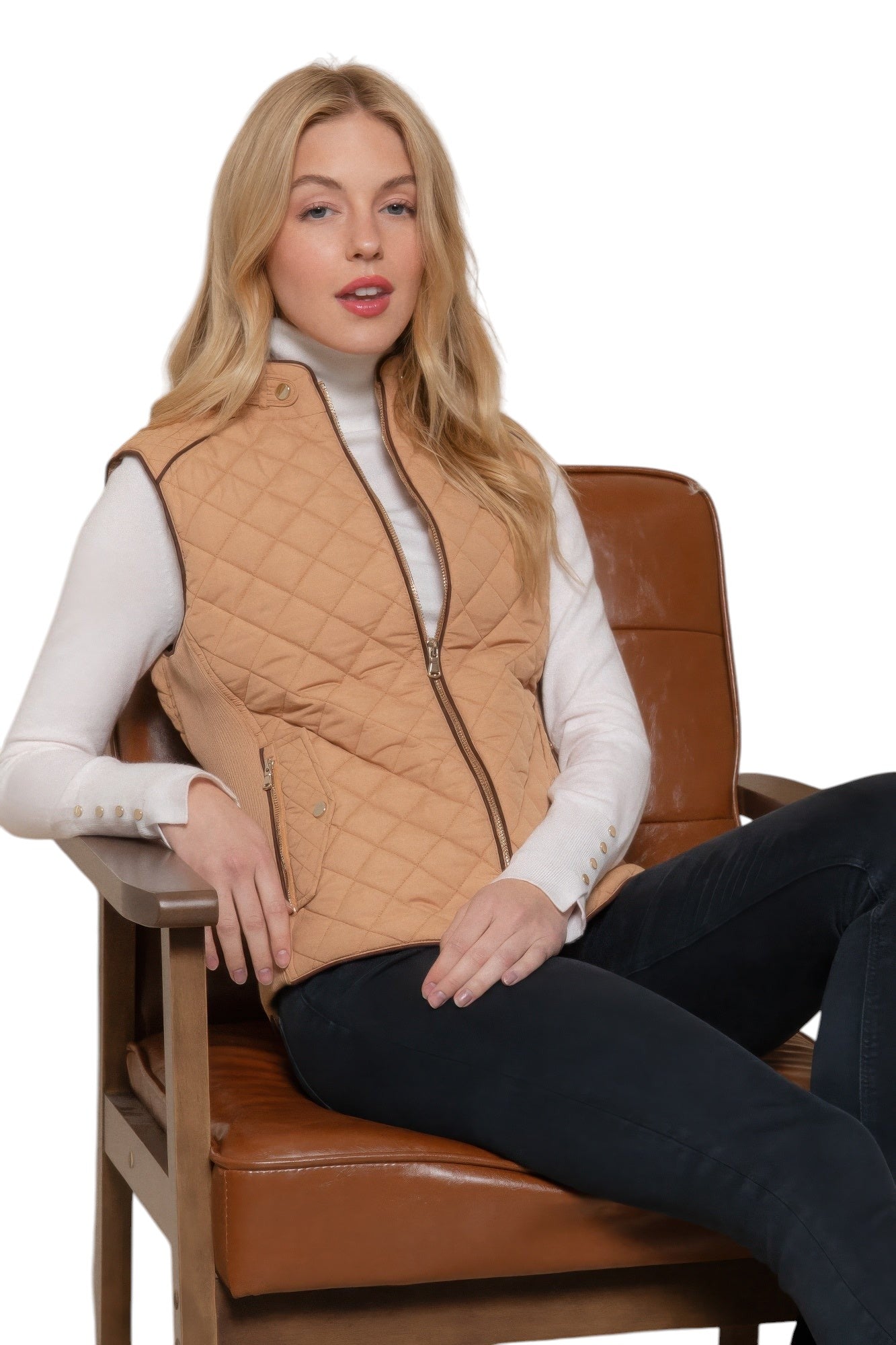 Suede Piping Quilted Padding Vest