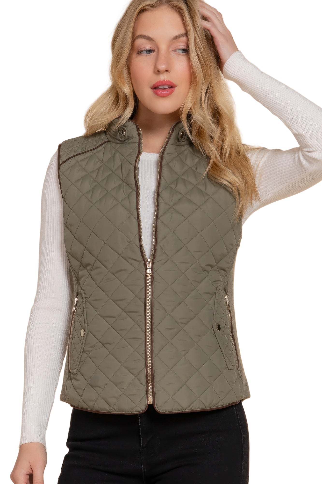 Suede Piping Quilted Padding Vest