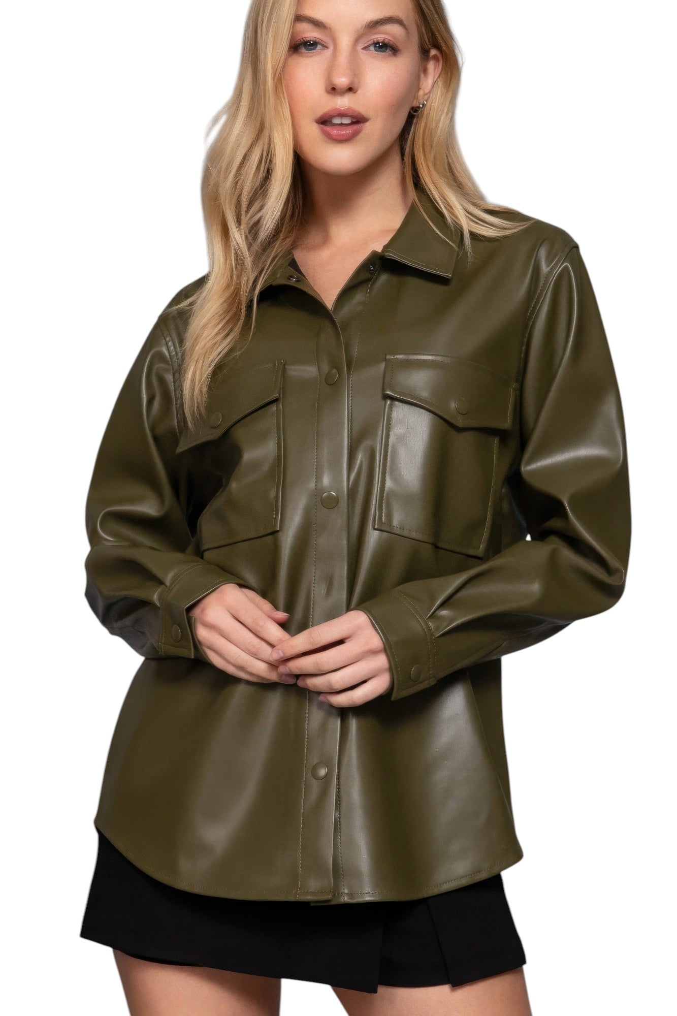 Long Slv Faux Leather Shacket