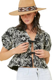 Denim Embroidered Crop Top With Front Tie Detail