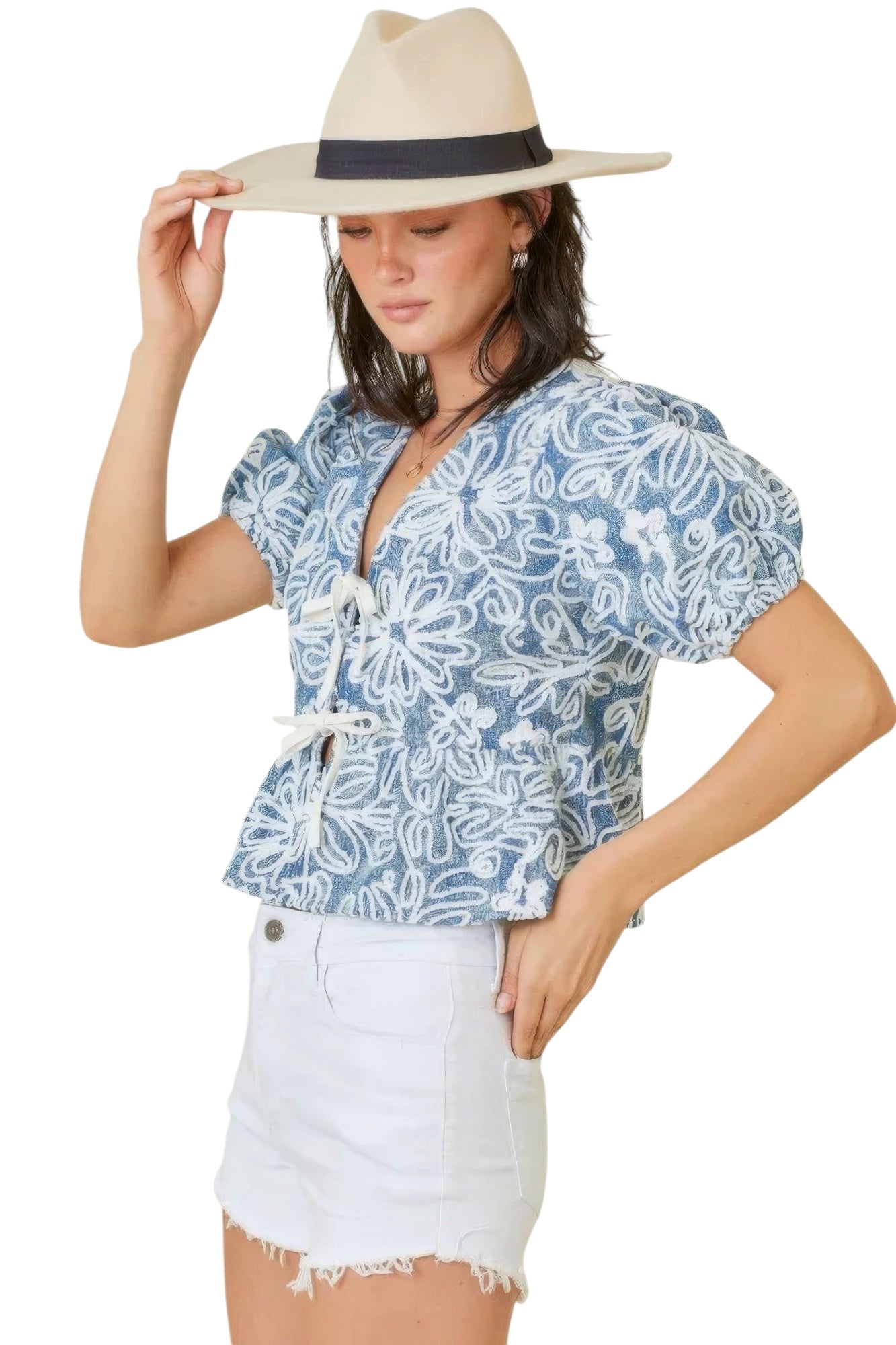 Denim Embroidered Crop Top With Front Tie Detail