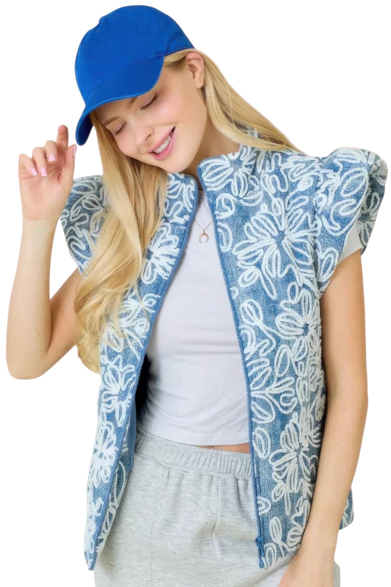 Floral Velvet Embroidered Denim Puffer Vest
