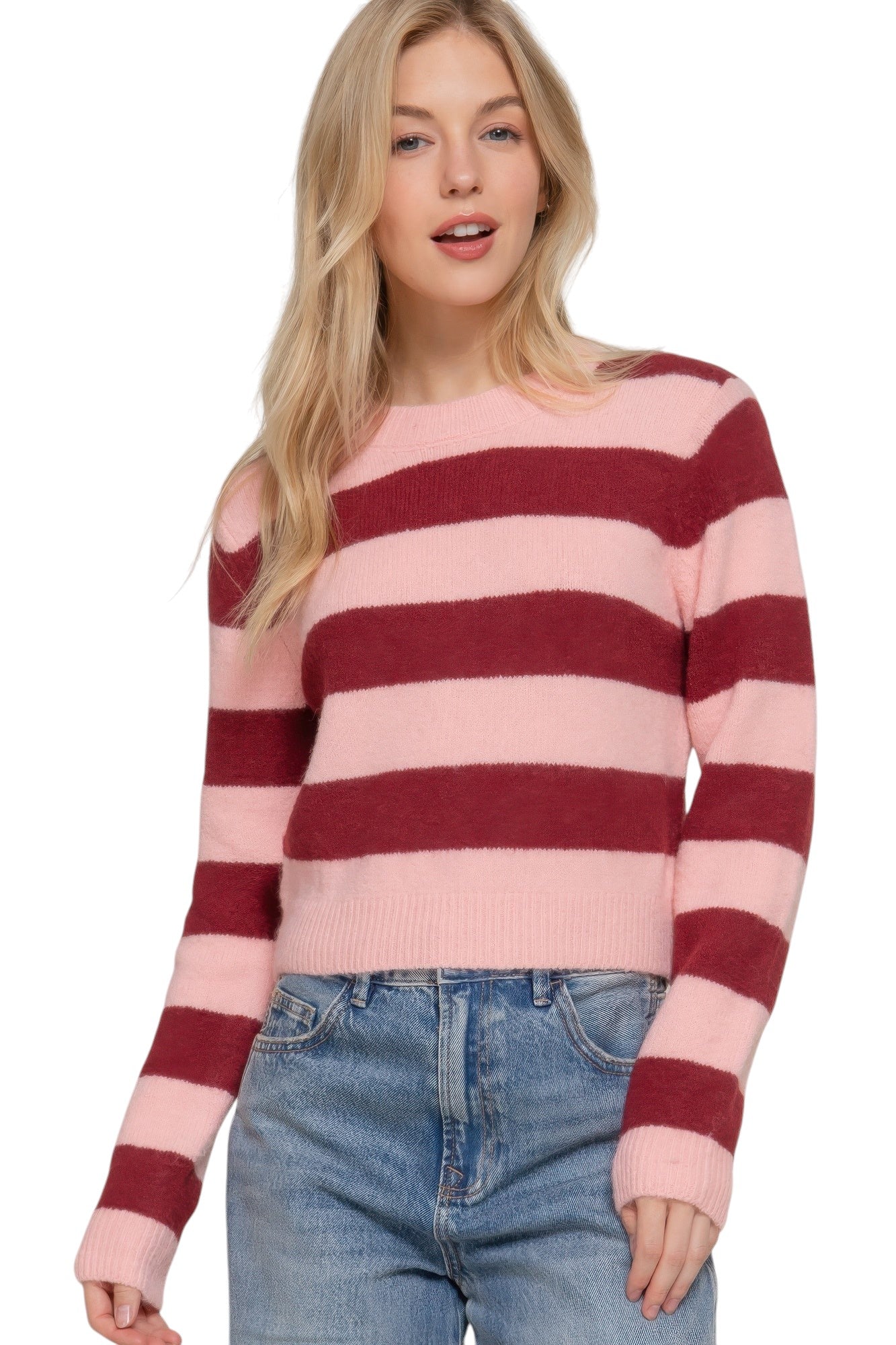 Long Slv Crew Neck Stripe Sweater