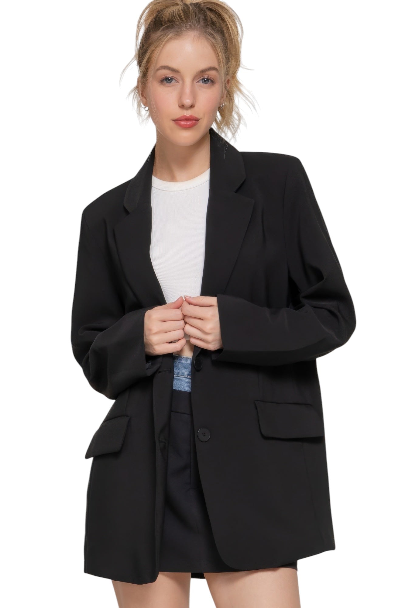 Long slv front button closure blazer