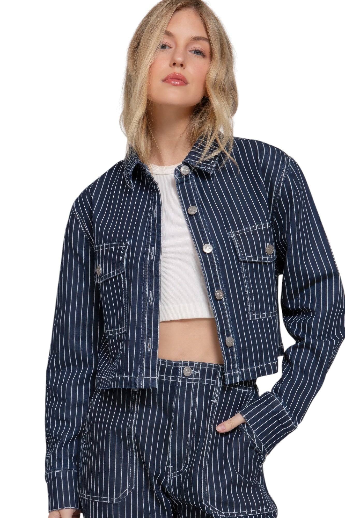 Button Down Stripe Denim Short Jacket