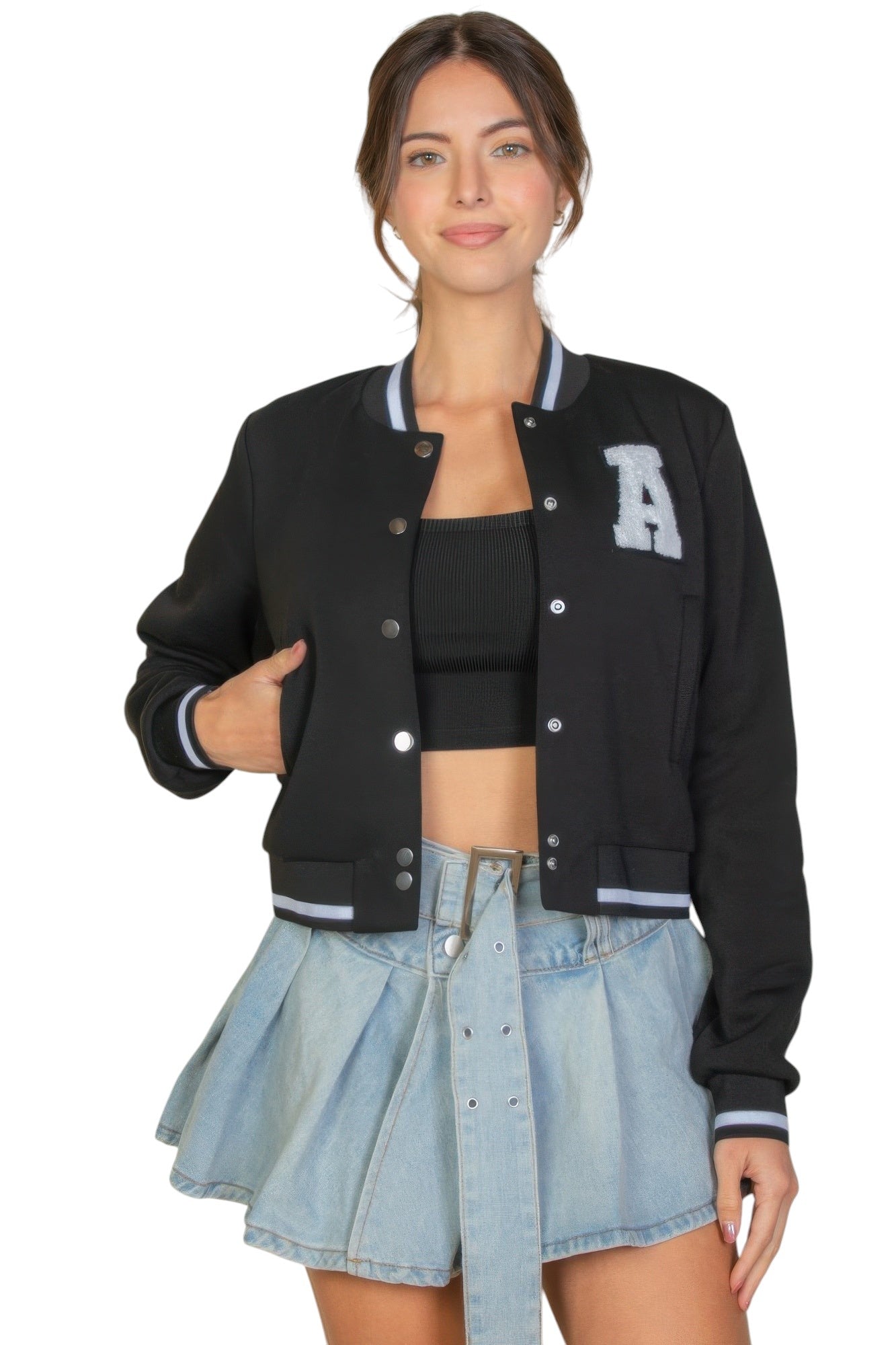 Ezwear Letter Patched Crop Varsity Jacket