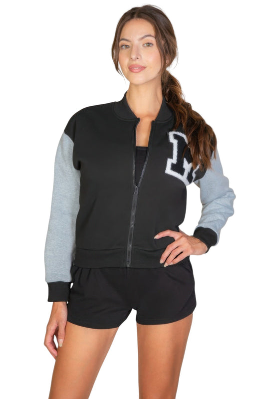 Letter Patched Striped Trim Varsity Jacket