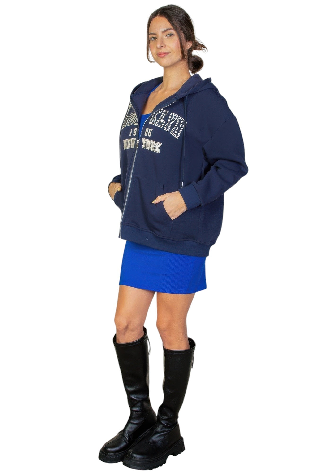 Graphic Drop Shoulder Zipper Up Hoodie