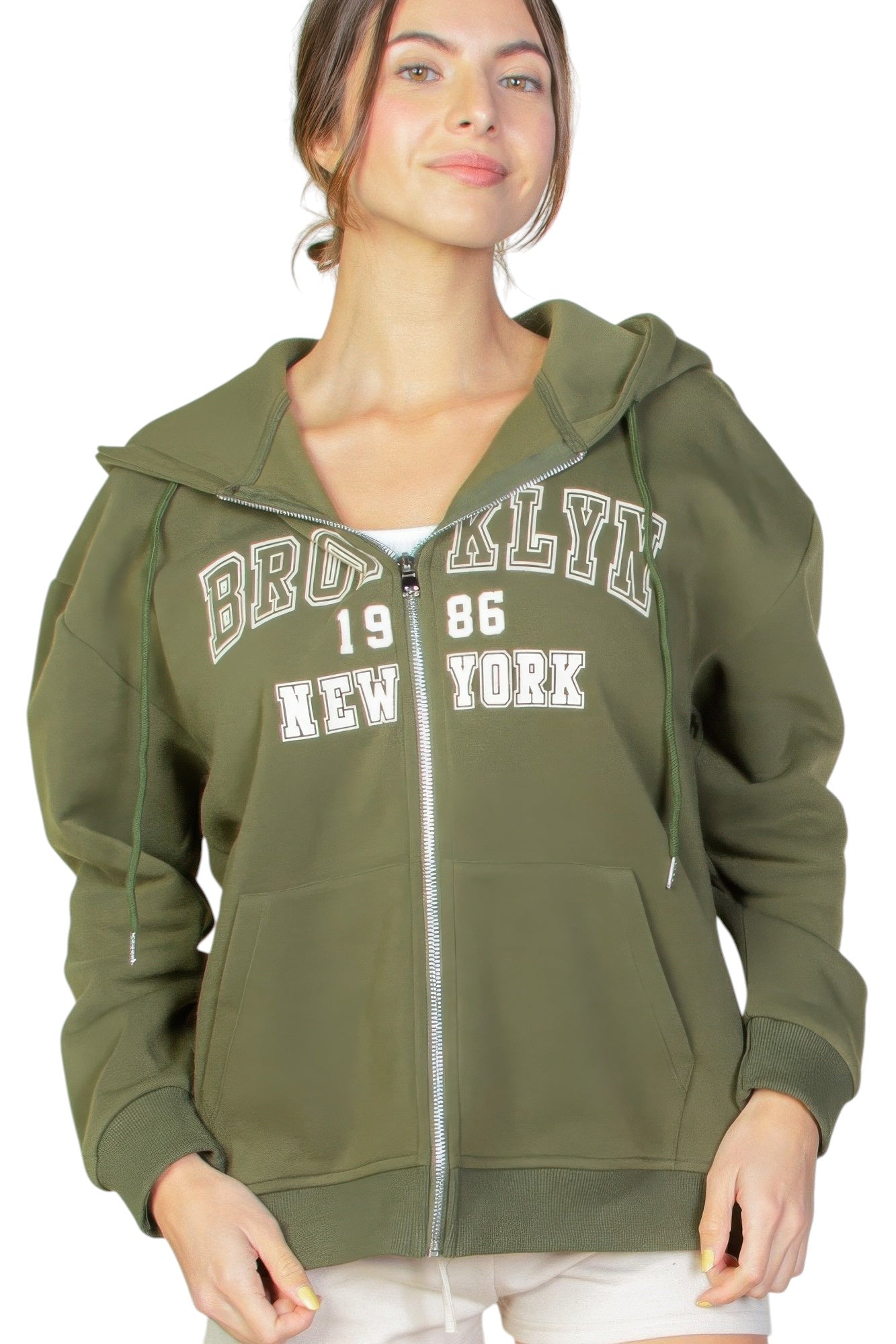 Graphic Drop Shoulder Zipper Up Hoodie