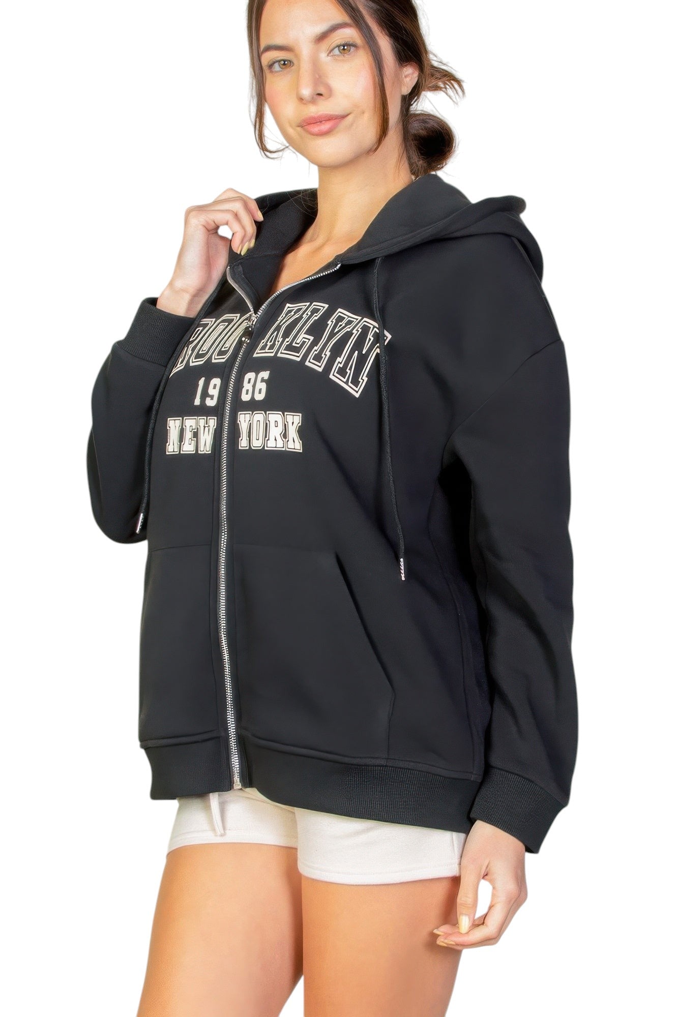 Graphic Drop Shoulder Zipper Up Hoodie