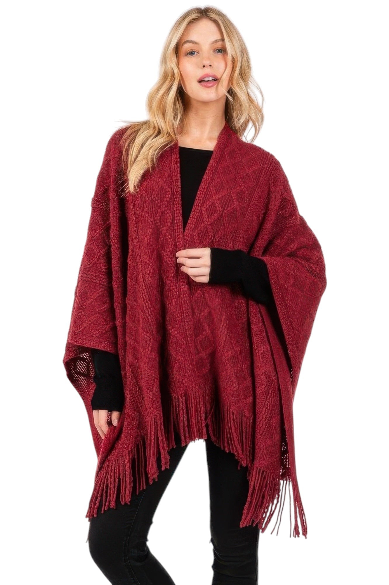 Diamond Pattern Tassel Knit Ruana