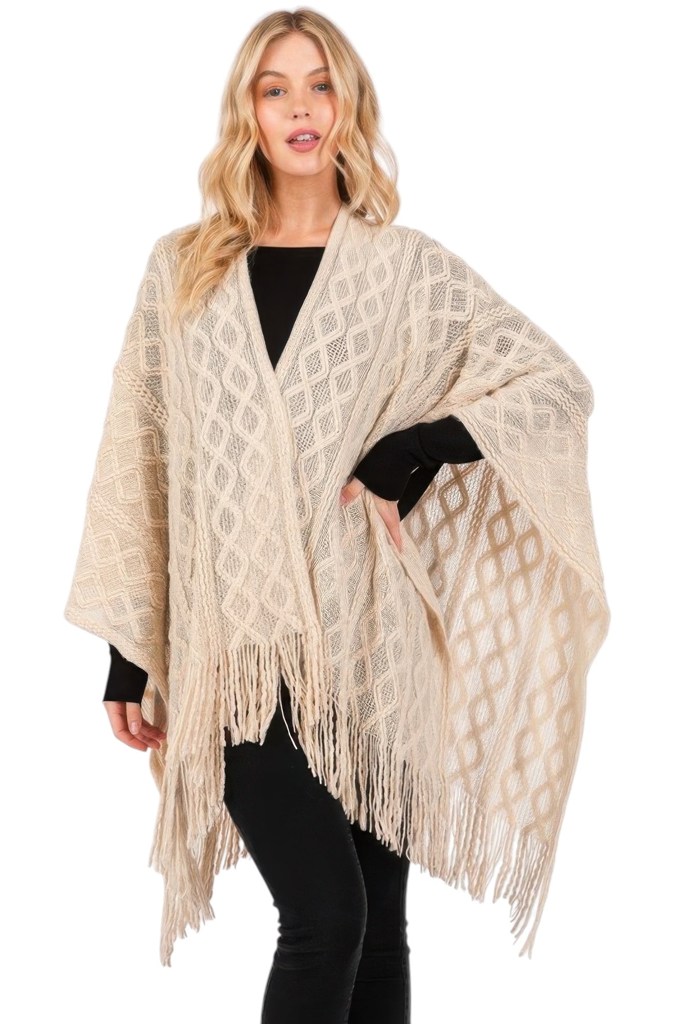Diamond Pattern Tassel Knit Ruana