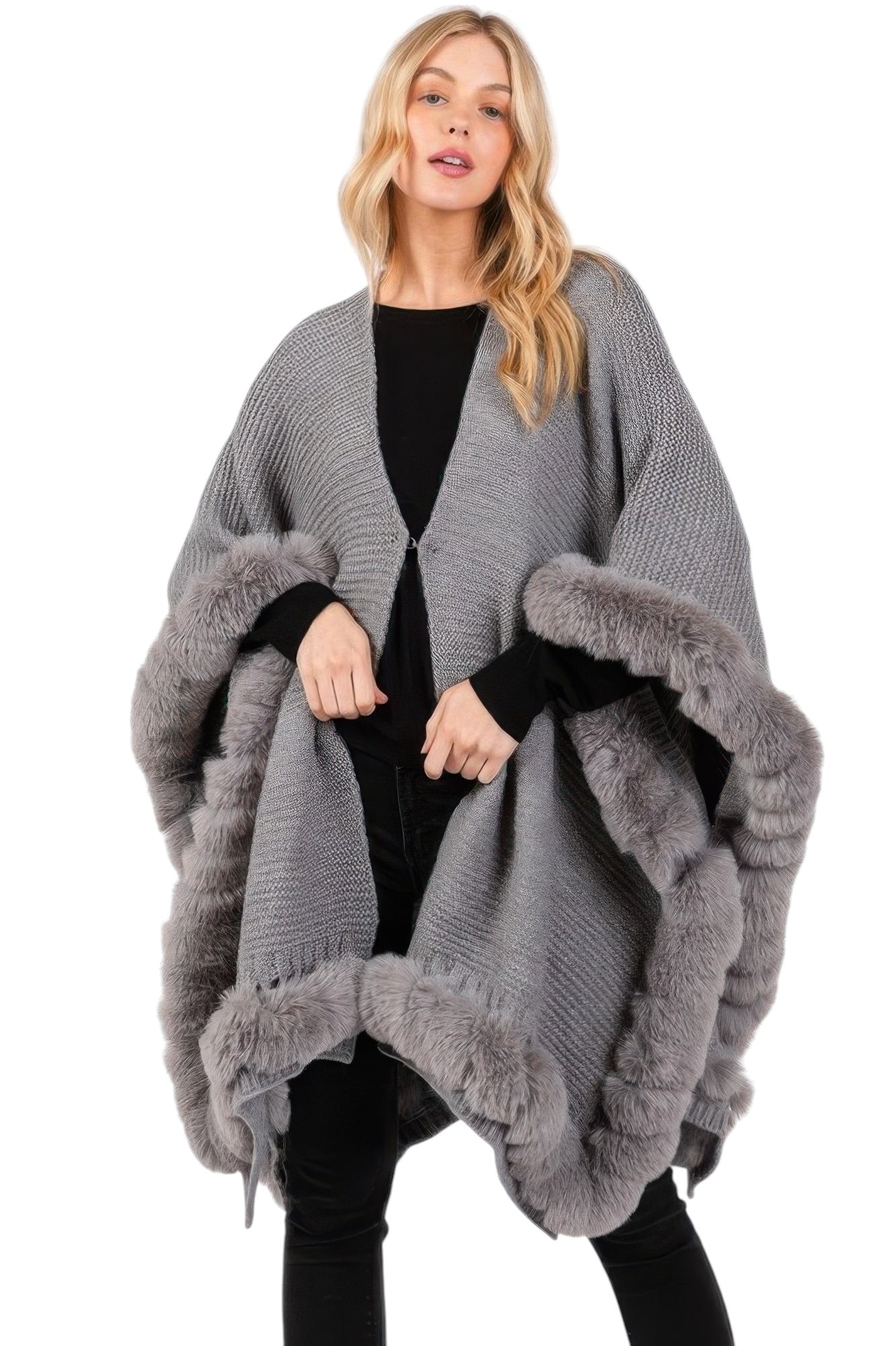 Faux Fur Trim Cape With Closure