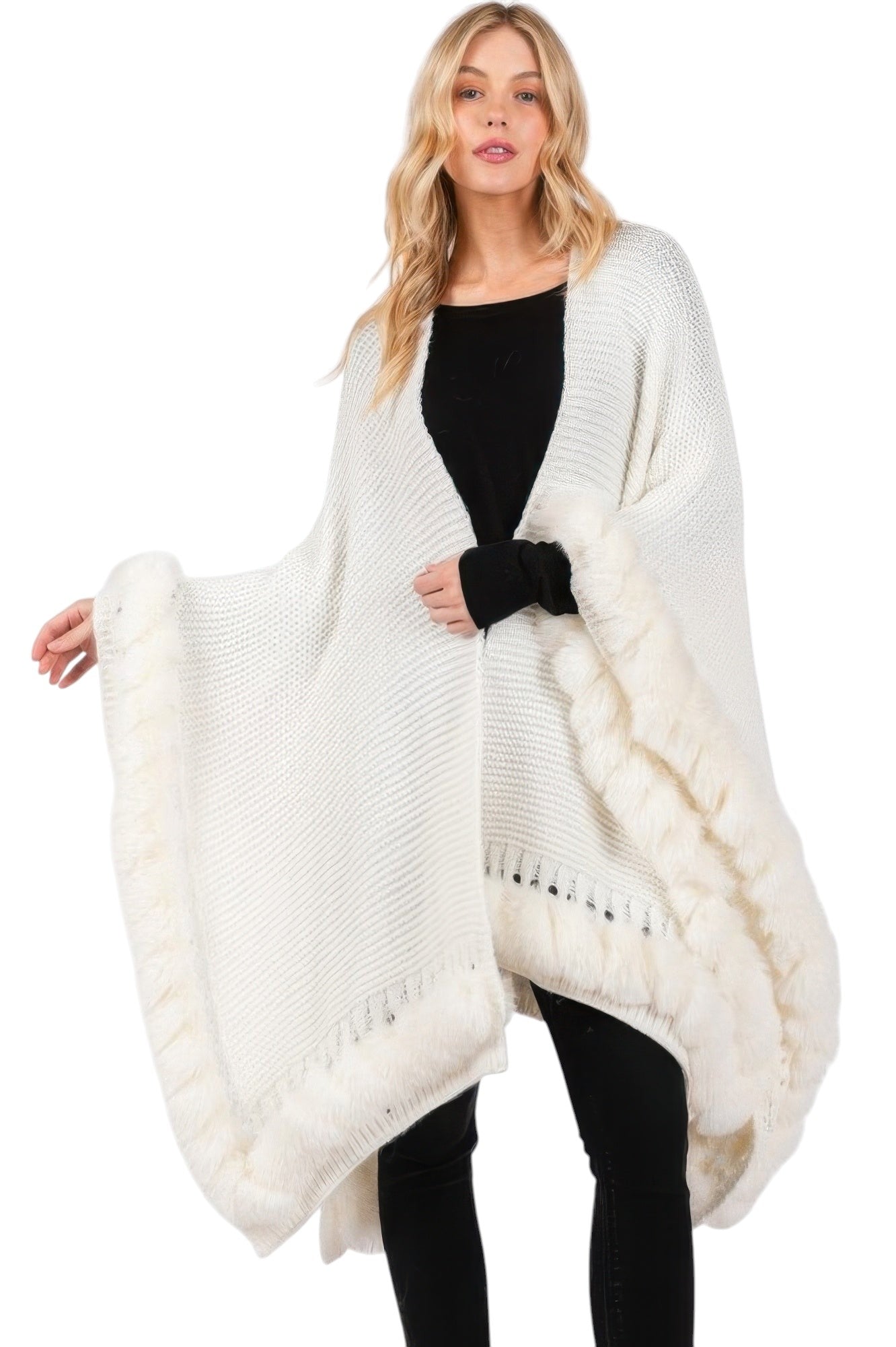 Faux Fur Trim Cape With Closure