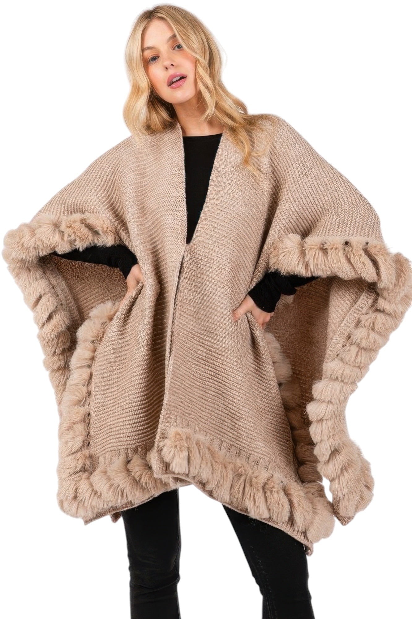 Faux Fur Trim Cape With Closure