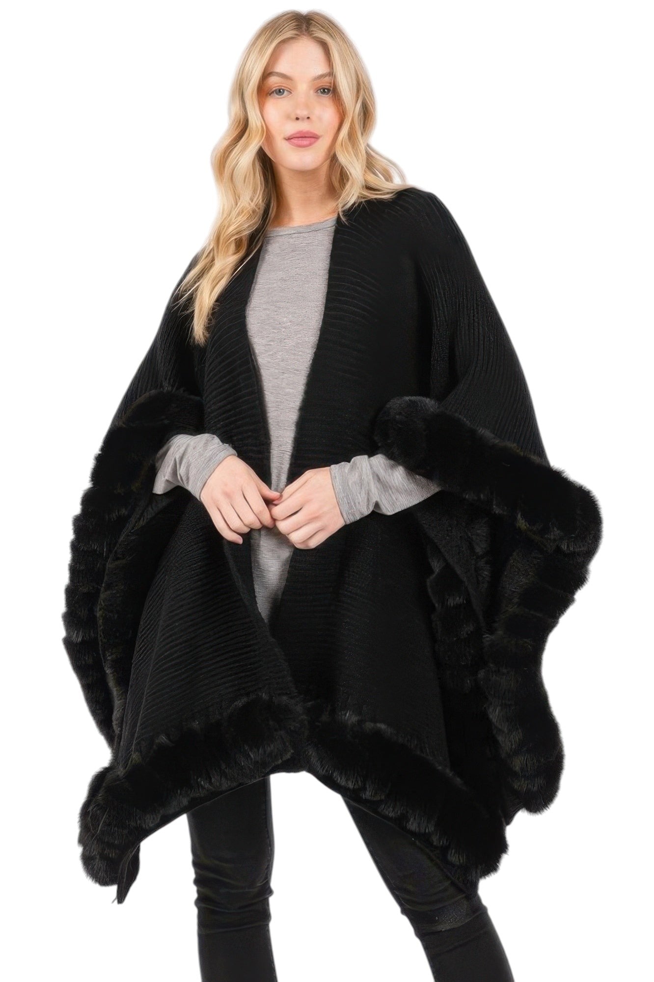 Faux Fur Trim Cape With Closure