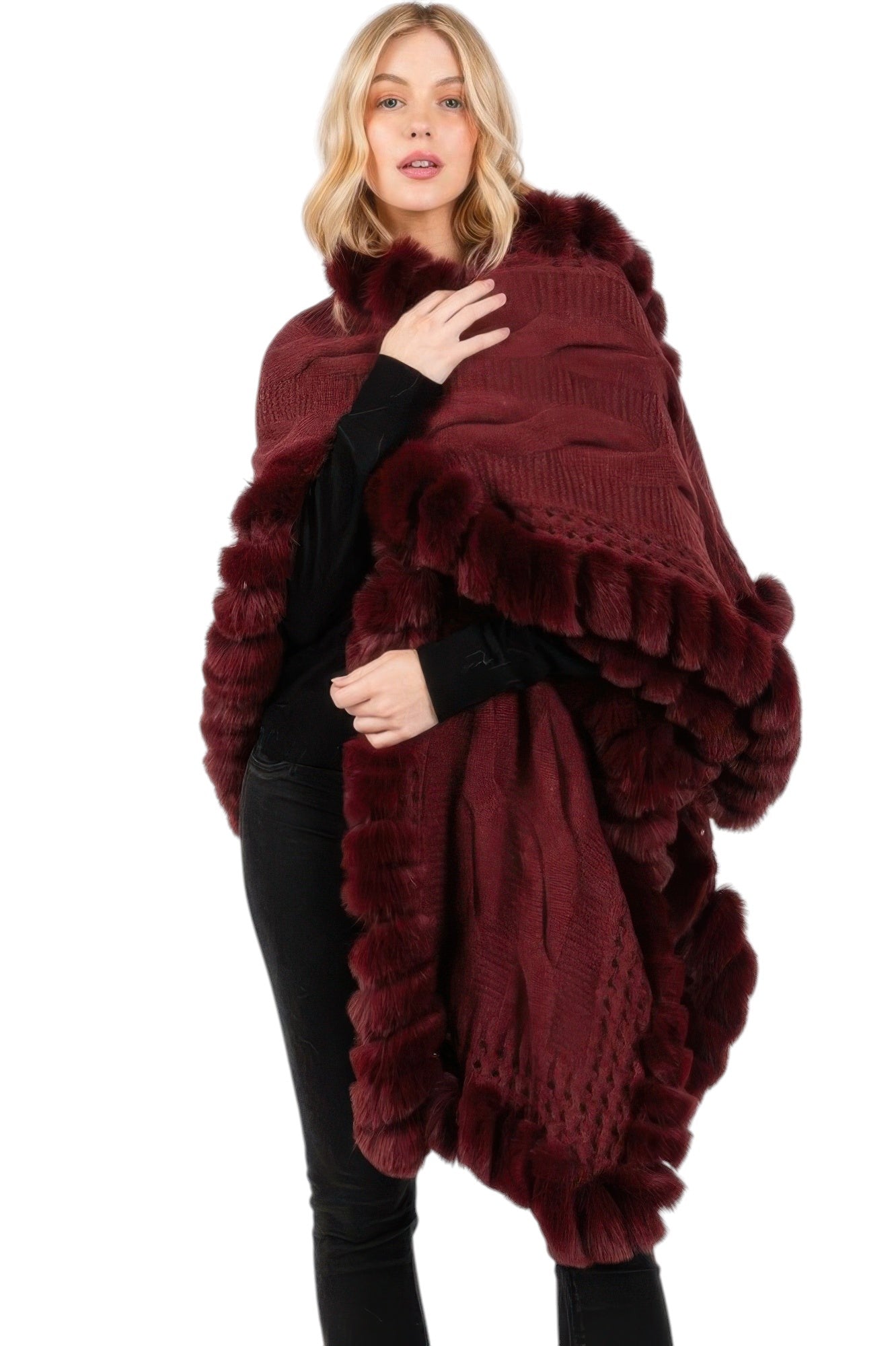 Faux Fur Collar And Trim Cape With Closure
