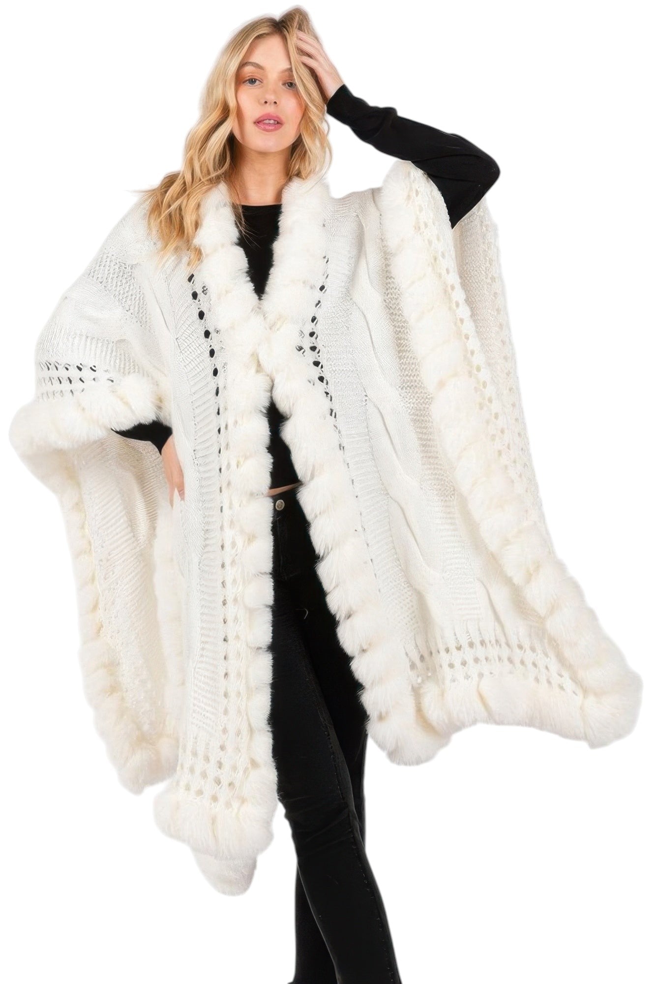 Faux Fur Collar And Trim Cape With Closure