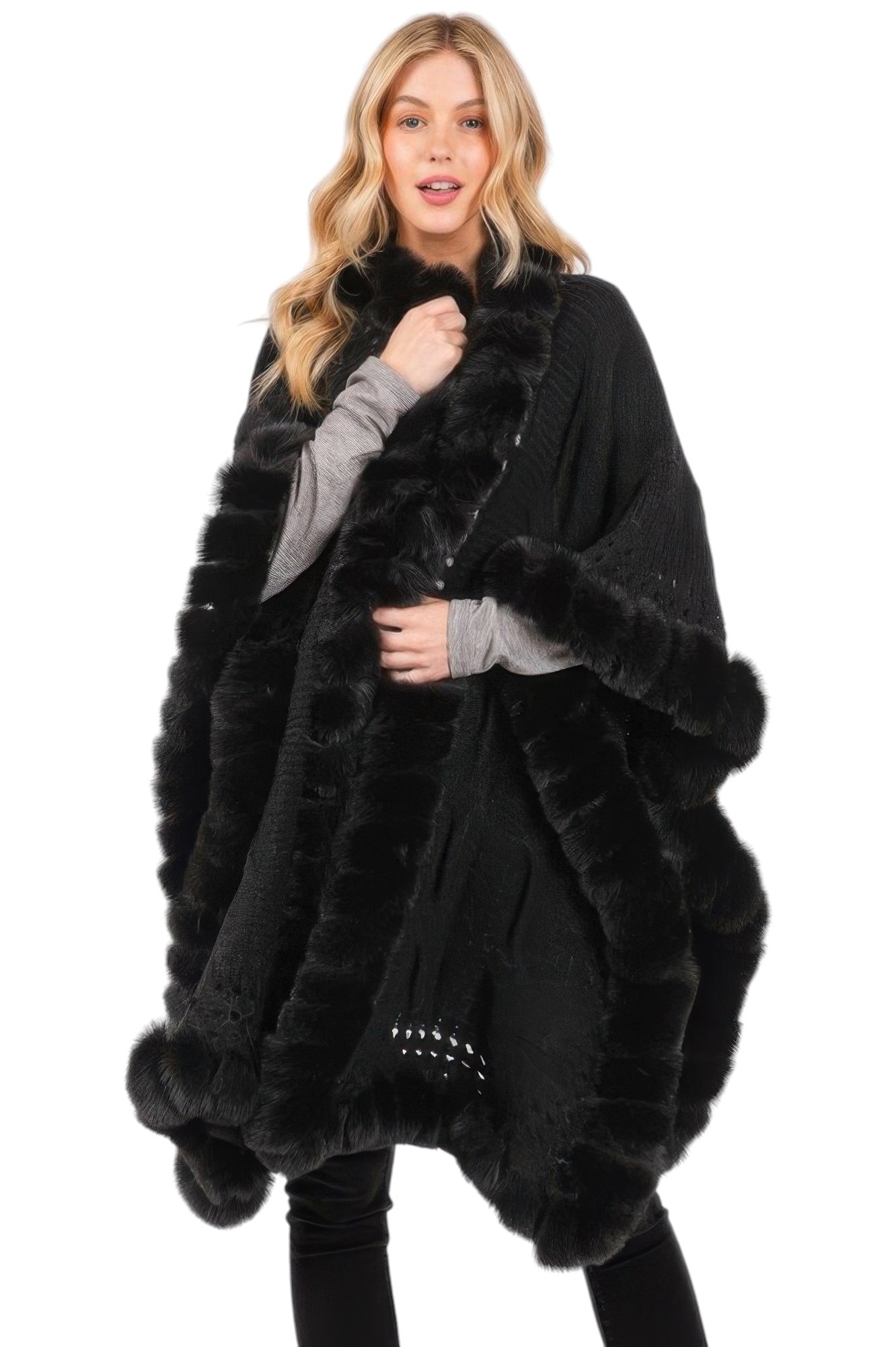 Faux Fur Collar And Trim Cape With Closure